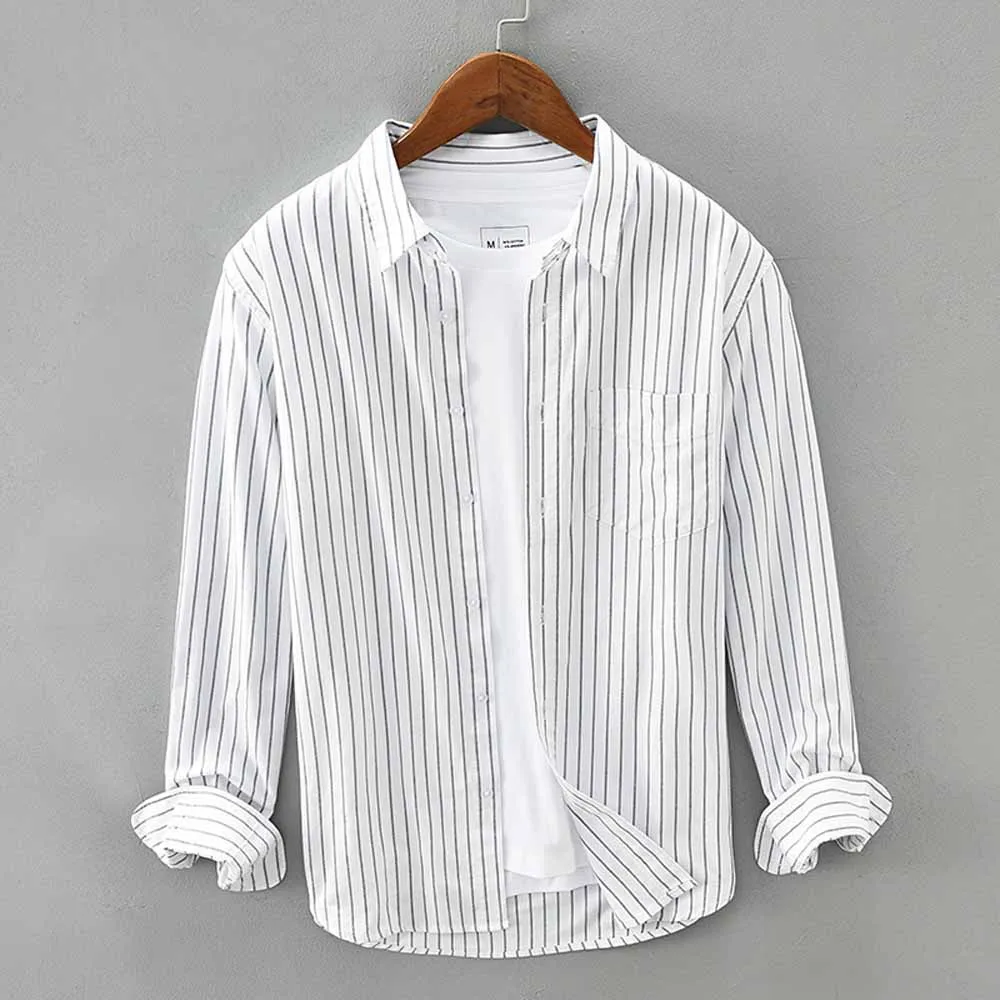 NEW 100% Cotton M-3XL Striped Shirt For Mens Long Sleeve Casual Slim Fit Male Shirts Thick Shirts Men