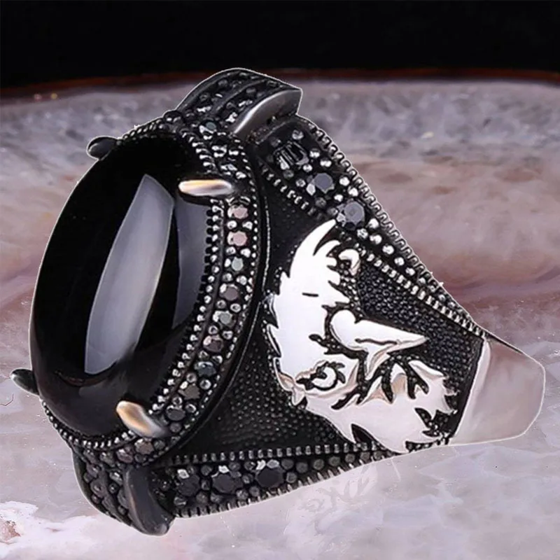 

Turkey Black Gem Eagle Men's Ring New Punk Party Ring European and American Fashion Personality High-end Business Jewelry