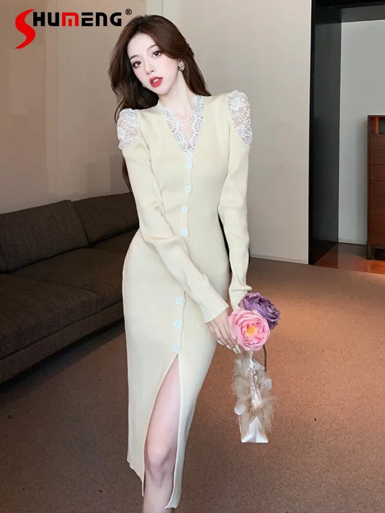

Autumn Winter 2022 New French Slimming Knitted Dress Temperament V-neck Lace Long Sleeve Long Sweater Solid Bodycon Sheath Dress