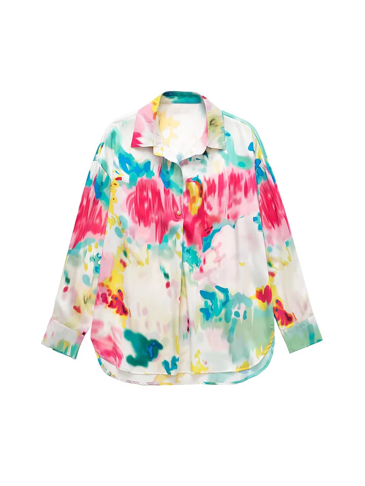 

Women's Summer 2022 New Casual Fashion Tie Dye Printed Shirt Lapel Retro Asymmetric Long Sleeve Single Button Top