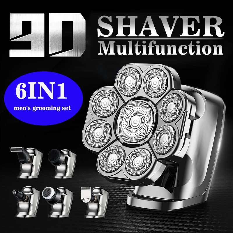 9D бритва для мужчин электробритва 6-в-1 с лысой плавающей головкой и триммером