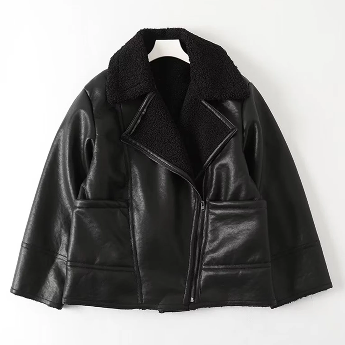 

Jenny&Dave England High Quality Vintage Pockets Sherpa Warm Leather Jacket Winter Coat WOmen