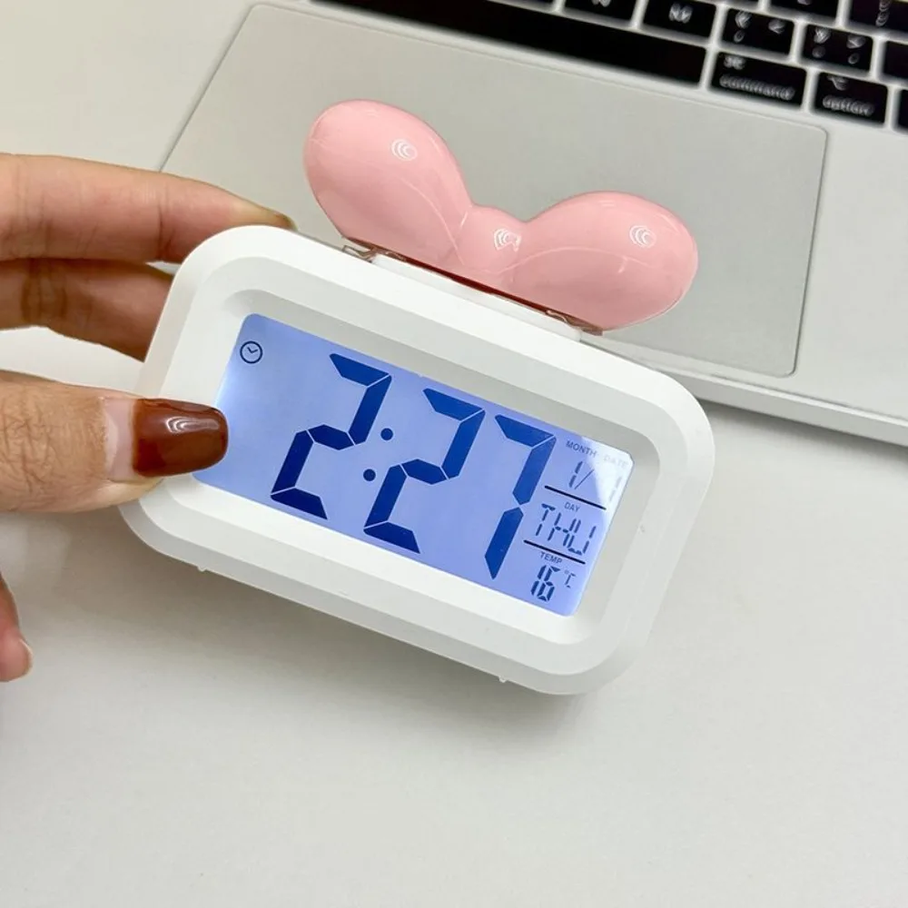 

Милые светодиодные цифровые часы с бантом, мини-будильник с обнаружением температуры и ночником, подарочные настольные часы, украшение для прикроватной тумбочки