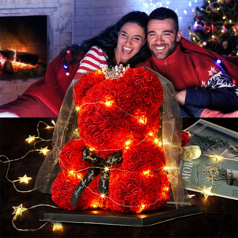 40cm Crown Wedding Dress Rose Teddy Bear With Box Light Romantic Gift for Girlfriend Valentines Day Birthday Anniversary - купить по