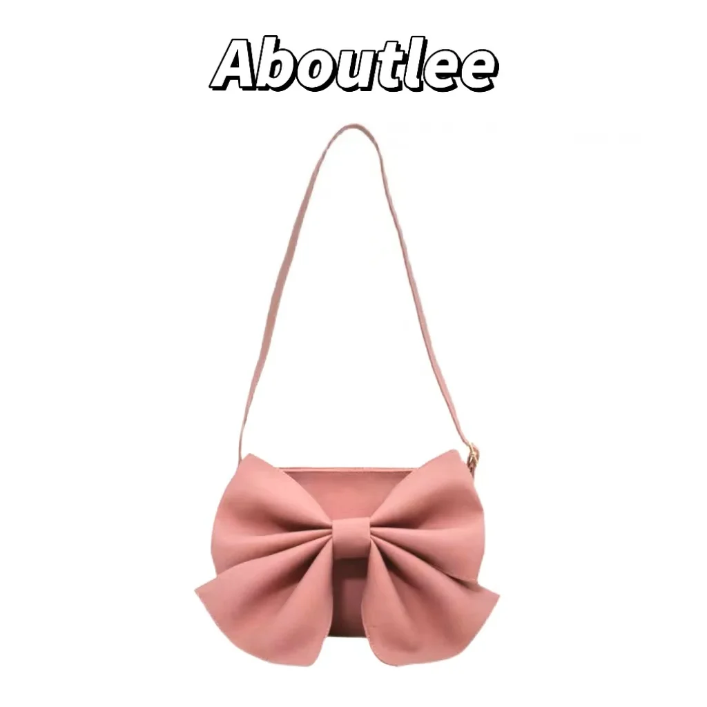 Aboutlee Pink Bow Girl Leisure Shoulder Bag Sweet Lovely Style Women Side Bag Brushed Texture Luxury Handbag Mini Outing Bag