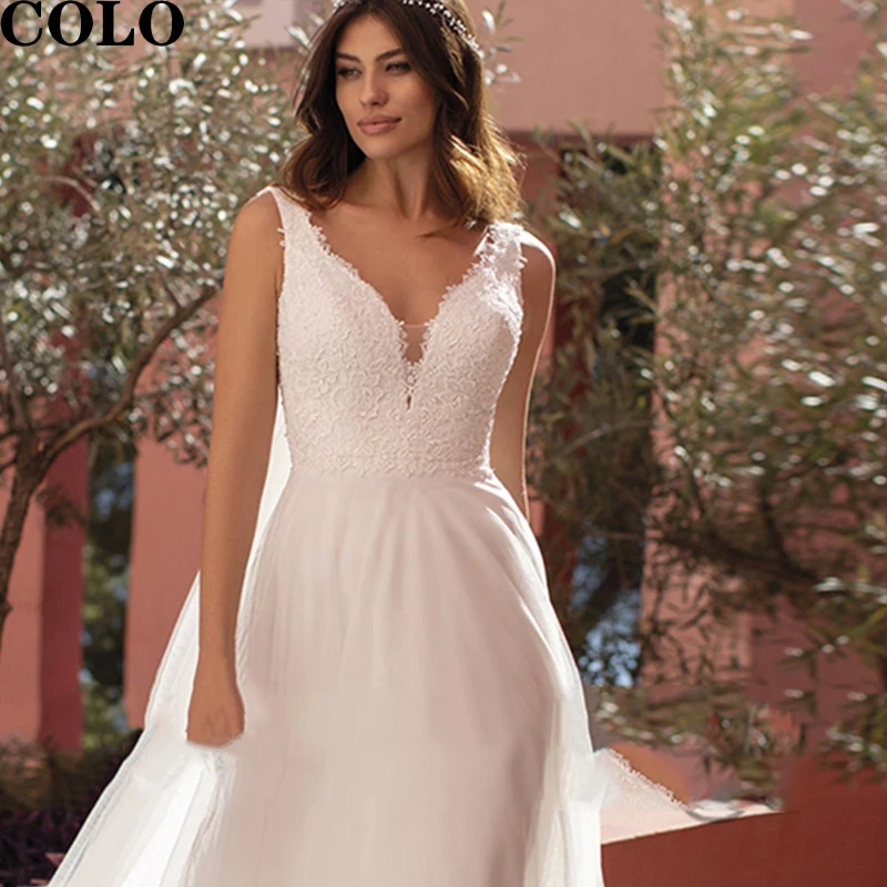 

Boho V-Neck Wedding Dresses 2022 For Bride Chiffon A-Line Back Button Bridal Gowns Lace Appliques Sweep Train Robe De Mariée