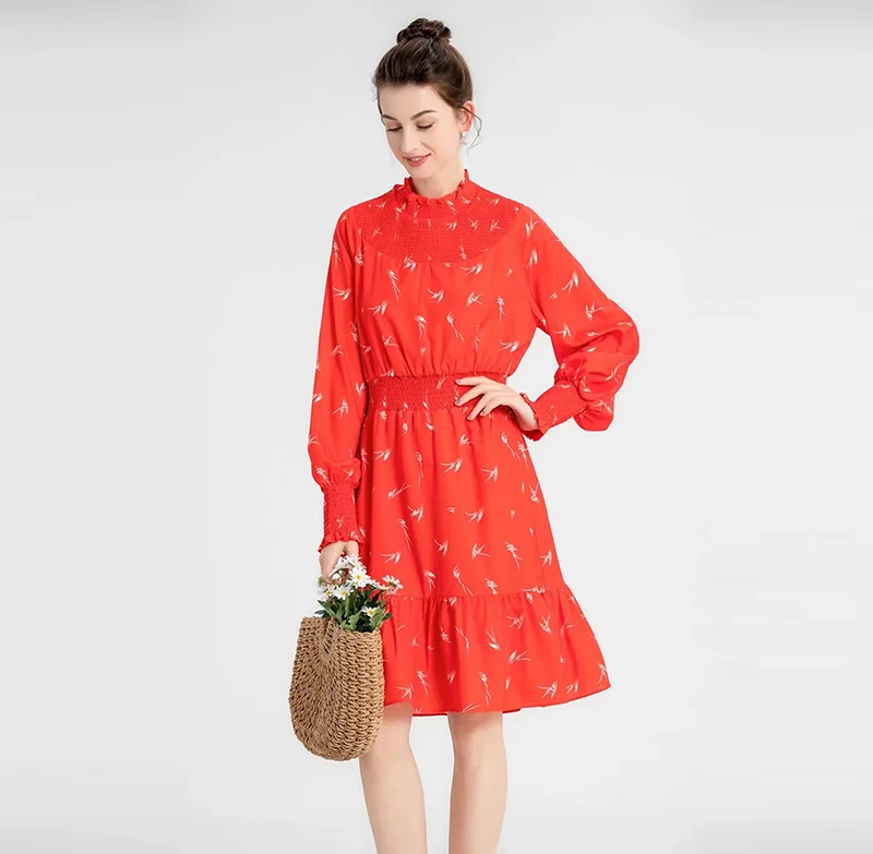 

MIUXIMAO 2022 New Summer Women's Clothing Turtleneck Long Sleeve Slim Waist Dress Chiffon Fashion Elegant Office Style