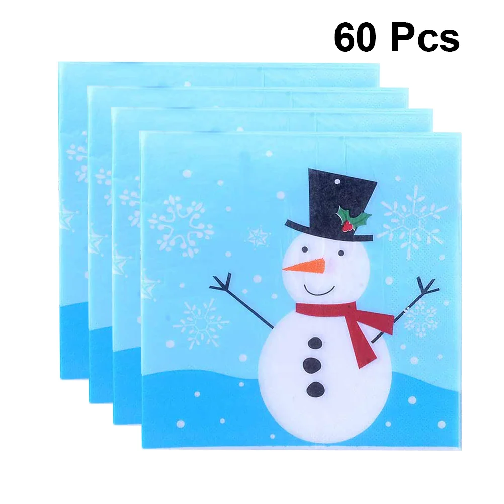 

60 Pcs Blue Dinner Napkins Printed Paper Christmas Snowman Restaurant Banquet Party