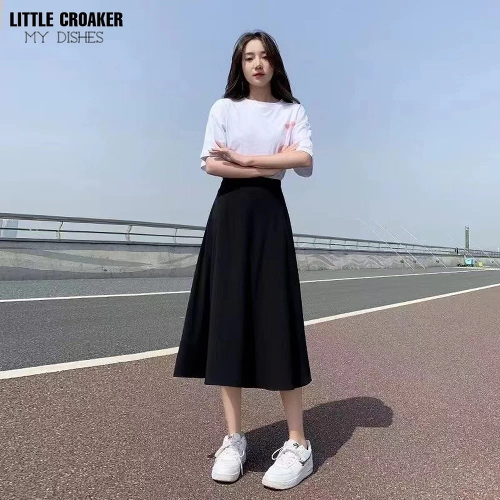 

2022 Causal Bow Elastic Waist Pleated Women Skater Skirts Knee Length Summer High Waist Ladies Solid Black Ball Gown Saias