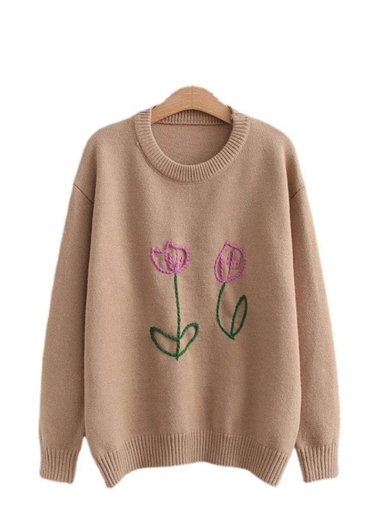 

Tulip Floral Embroidery Knit Women Sweaters 2022 Autumn Full Sleeve O-neck Preppy Warm Coat Korean Female Jumpers Soft Tops