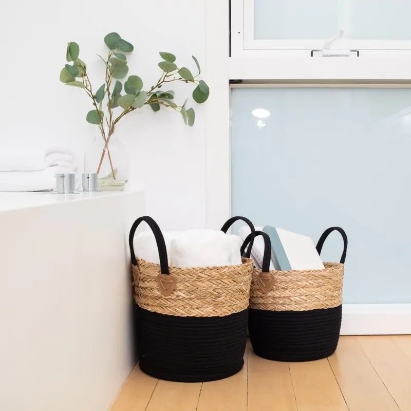 

Set of 2 Round Storage Basket, Braided Seagrass & Cotton Rope, (MD + SM), Natural & Black