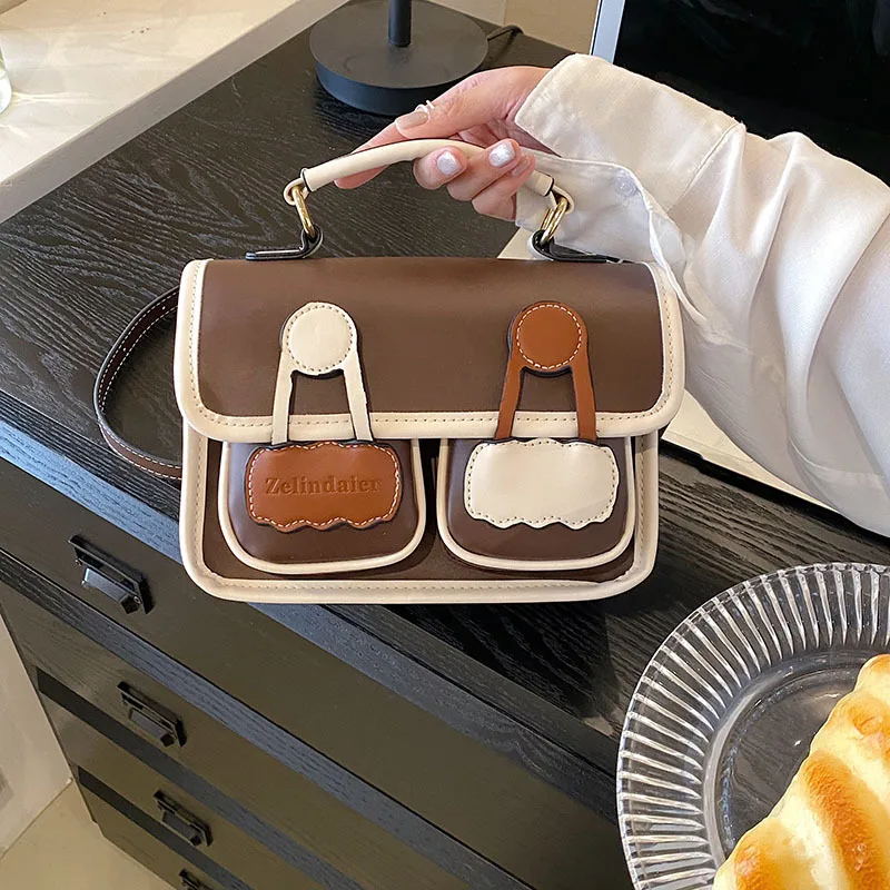 Fashion Retro Handheld Messenger Bags Textured Leather Contrast Shoulder Crossbody Bag Portable Commute Satchel Travel Storage