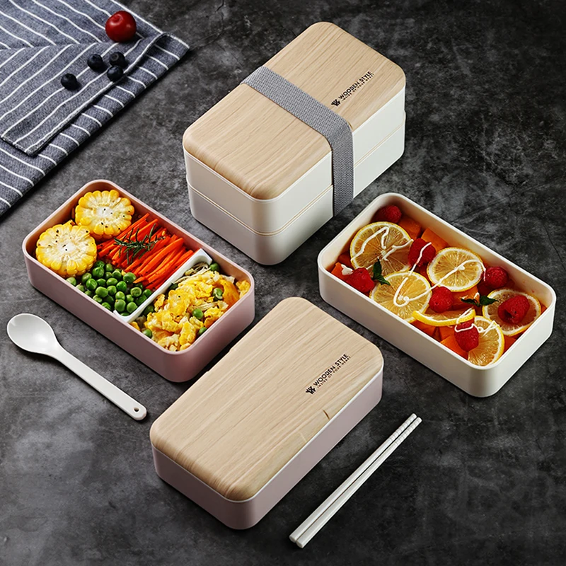 

Microwave Double Layer Lunch Box 1200ml Wooden Feeling Salad Bento Box BPA Free Portable Container Box Workers Student