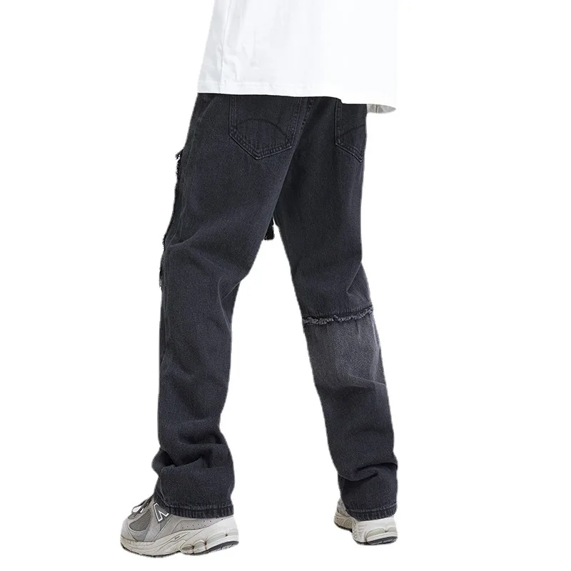 Fall new American high street hip hop straight Leg jeans fashion brand stitching beggar embroidered fashion jeans