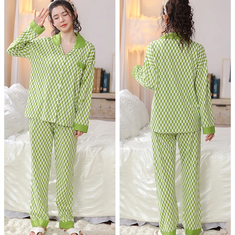 Spring Autuum Fashion Women's Casual Pocket Sleepwear Homewear Cute Lovely Pajamas Set With Pants Soft Plaid Green