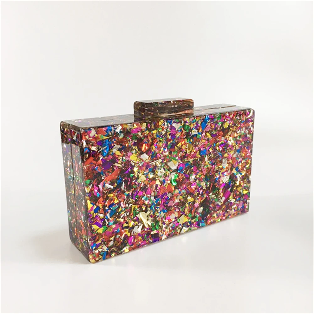 Chic Trendy Colorful Sequins Acrylic Evening Bag Ladies Luxury Elegant Hard Box Prom Party Clutch Stylish BlingBling Chain Purse