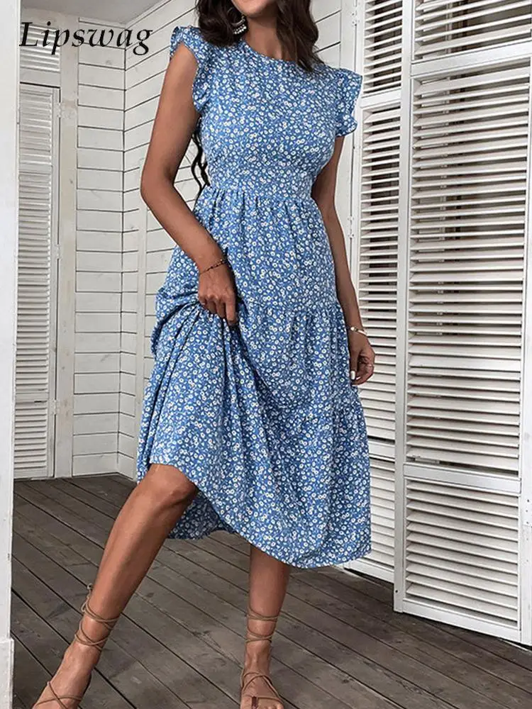 

Женское летнее длинное платье с цветочным принтом, платье миди без рукавов с оборками и поясом, элегантное пляжное праздничное платье Бохо ...