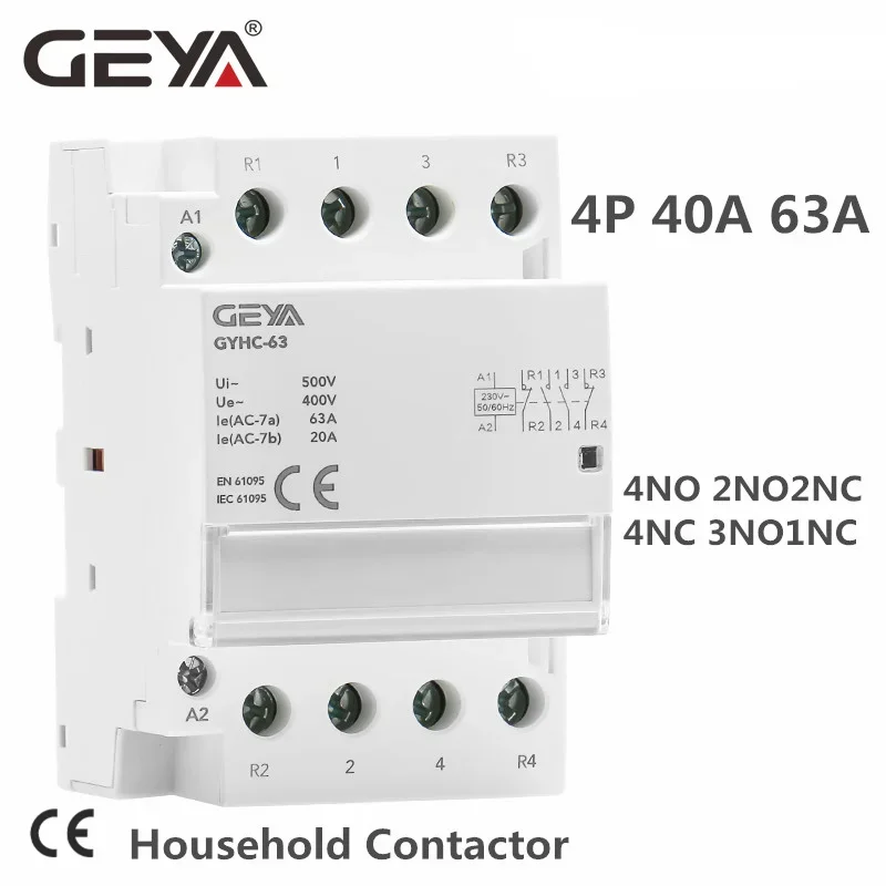 

Контактор переменного тока GEYA Din Rail 4P 40A 63А 4NO 4NC 2NO2NC 3NO1NC для домашнего использования или для зарядного контактора сваи хорошего качества