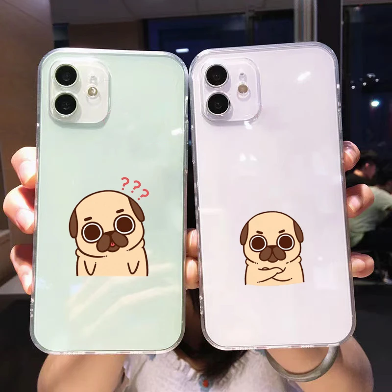 

Cartoon Animal Pug Dog For Apple iPhone 13 12 11 Pro Mini X XR XS Max SE 6 6S 7 8 Plus Clear Phone Case TPU Coque Cover Black