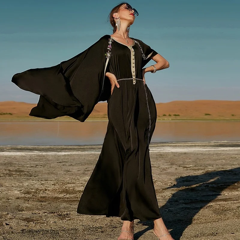 Hand-Beaded Fake Two-Piece Maxi Long Dress Black Gold Ribbon Cloak Abaya Beach Tourism Dubai Moroccan Caftan 2022 New