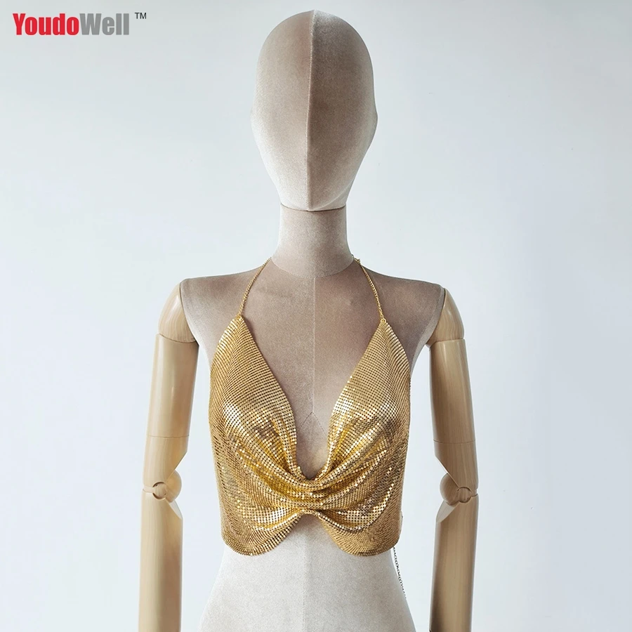 

Women's Tank Tops Summer 2023 Busudi Sexy Wrapped Breast Nightclub Bar Dance Festival Rave Metal Sequins V -Neck Vest