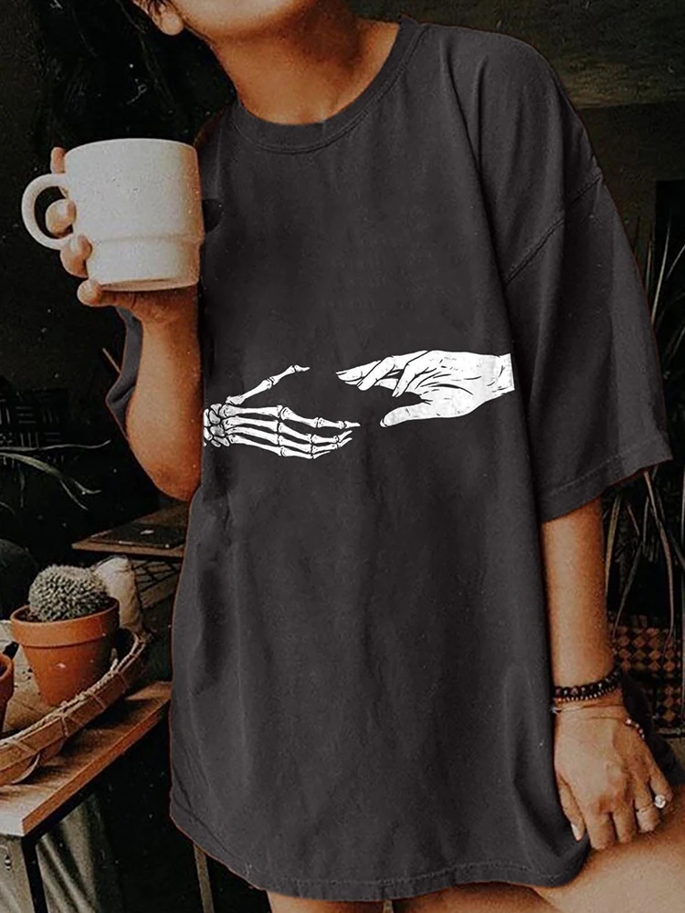 

Punk Harajuku Skeleton Handshake Print Women T Shirt Drop Shoulder Short Sleeve Summer Loose Tshirt 90s Vintage Tees Top Clothes