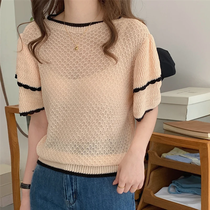 

Chic Korean Short Sleeve Sweater Women Summer Ruffles Knitted Tops Pullovers Fashion Jumpers