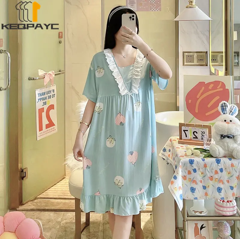 New 2023 Women's Sweet Nightgowns Spring Summer Women Short Sleeve Cartoon Floral Thin Sleeping Dress Sleepwear Casual Pajamas