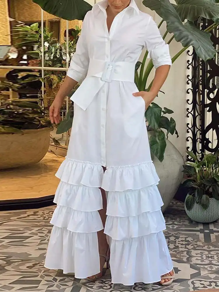 

2023 VONDA Bohemian Women Ruffled Dress Button Shirt Maxi Sundress Belted Solid Long Sleeve Solid Color Casual Party Robe Femme