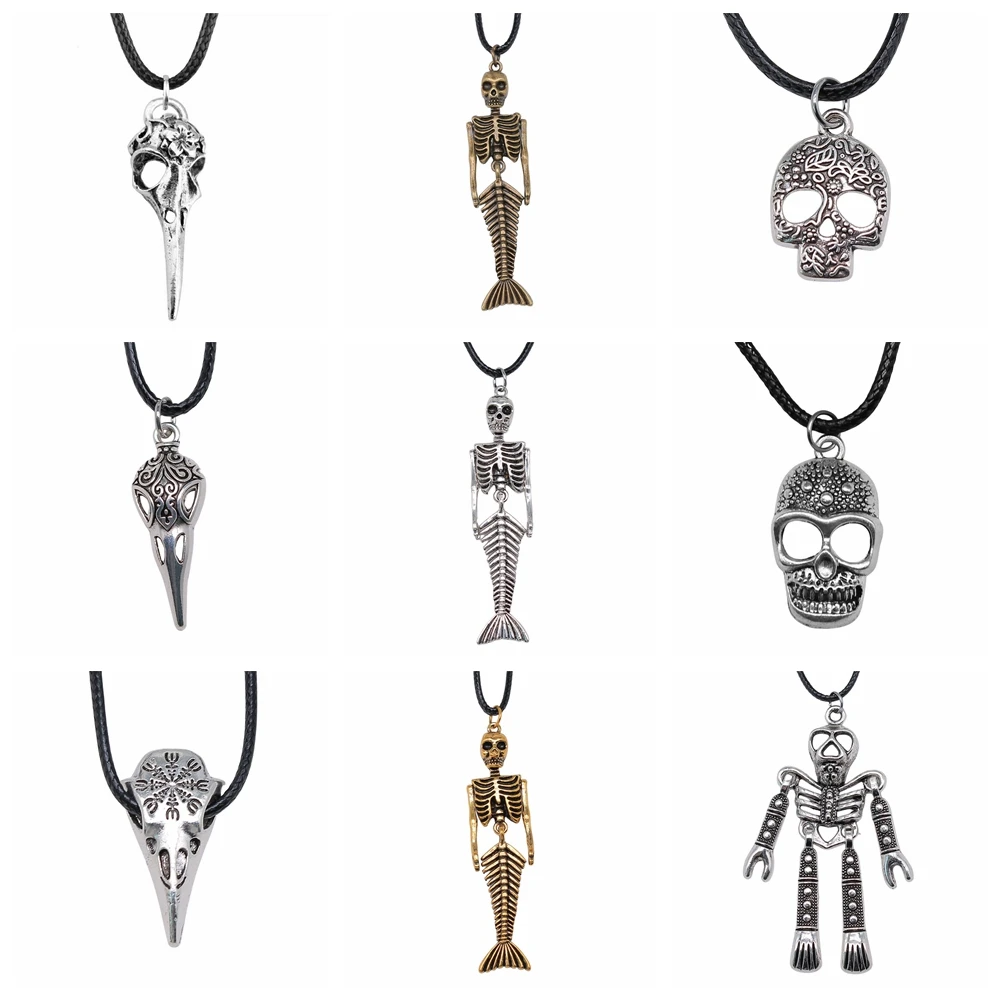 

22 Styles Unisex Women Men Necklace Crow Head Skull Mermaid Skeleton Skull Pendant Necklace Black Leather Cord Dropshipping
