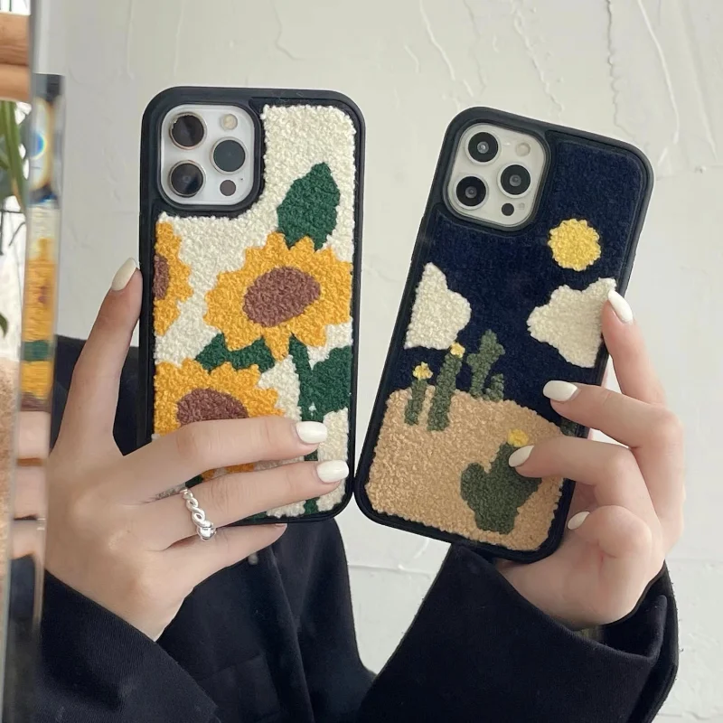 

Iphone 14 Pro Case New Embroidery Sun Flower Phone Cover for IPhone 11 13 12 Pro Max Plus Case Winter Aesthetic Shockproof Cover