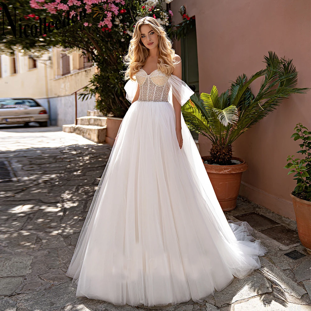 

Nicolle Beading Trendy Wedding Dresses For Bride Pleat A-LINE Sweetheart Court Train Off The Shoulder Tulle Backless Customised