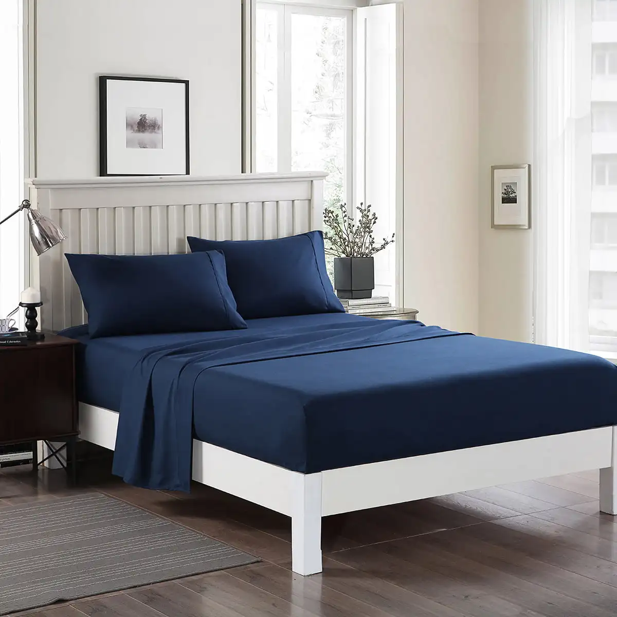

King Size Bed Sheet Set Navy,4 Piece Brushed Microfiber, 14" Deep Pocket, Navy