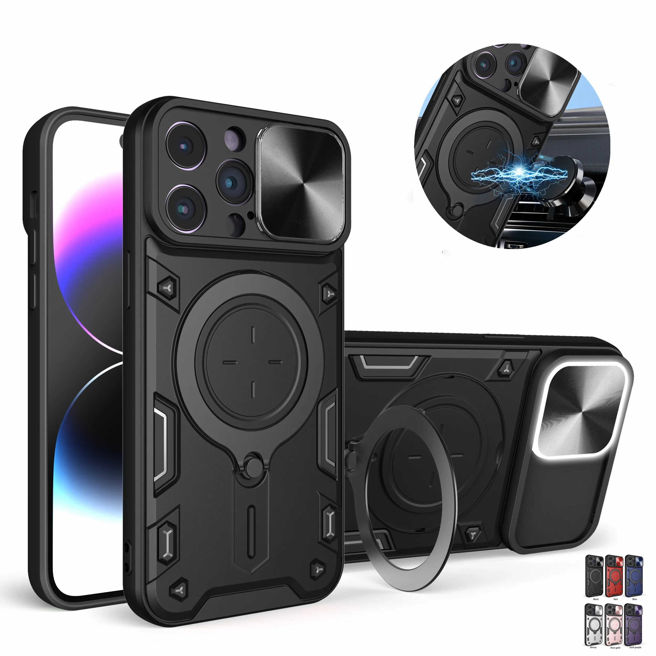 

Slide Camera Lens Protect Phone Case for iPhone 14 Plus 13 12 Pro Max 11 XR XS Shockproof Armor Magnetic Holder Ring Back Cover