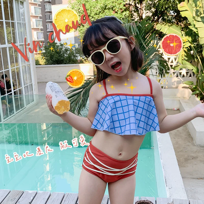 

Children's Sling Swimsuit Girls Princess Split High Waist Thin Cute Plaid Bikini Suit