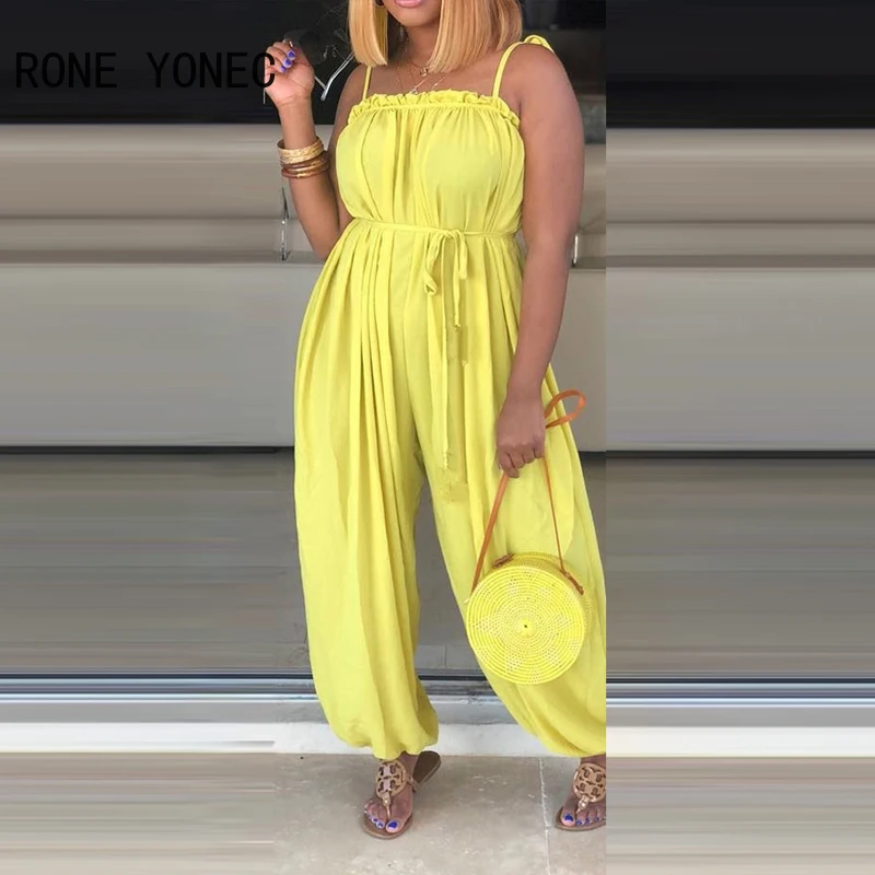 

Women Casual Elegant Solid Spaghetti Straps with Belt Sleeveless Loose Jumpsuit