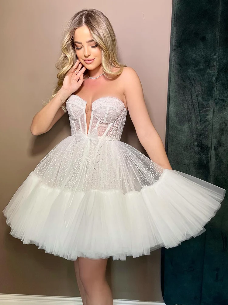 

Sexy Cocktail Dress Sparkle A Line Sweetheart V Neck Mini Cocktail Gown for Women 2023 Bow Sleeveless Princess Short Party Dress