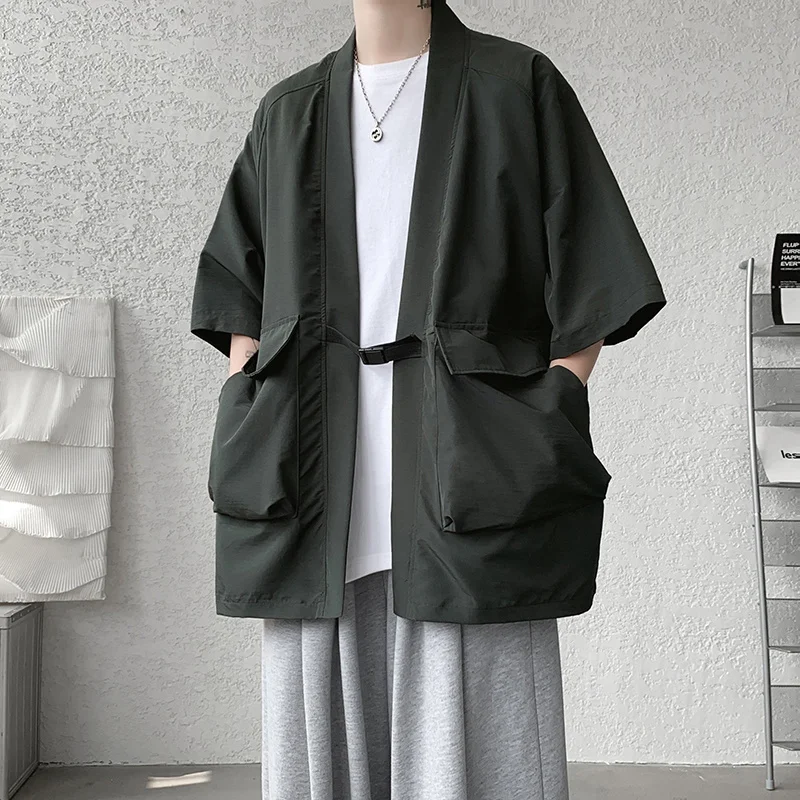 

Summer Short Sleeve Shirt Men Fashion Retro Pocket Shirts Mens Japanese Streetwear Loose Ice Silk Shirt Men Oversized Shirt