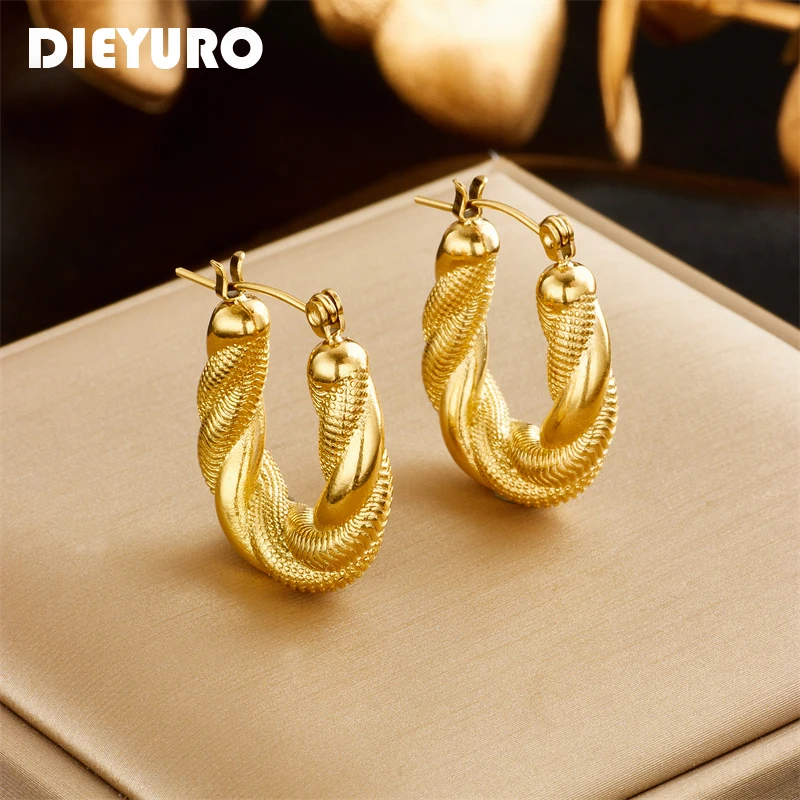 

DIEYURO 316L Stainless Steel Gold Color U-Shaped Twist Hoop Earrings For Women New Trend Girls Ear Buckle Jewelry Gifts Серьги