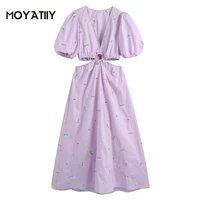 moyatiiy women 2022 fashion summer midi dress floral embroidery hollow out design dresses pluff short sleeve female vestidos