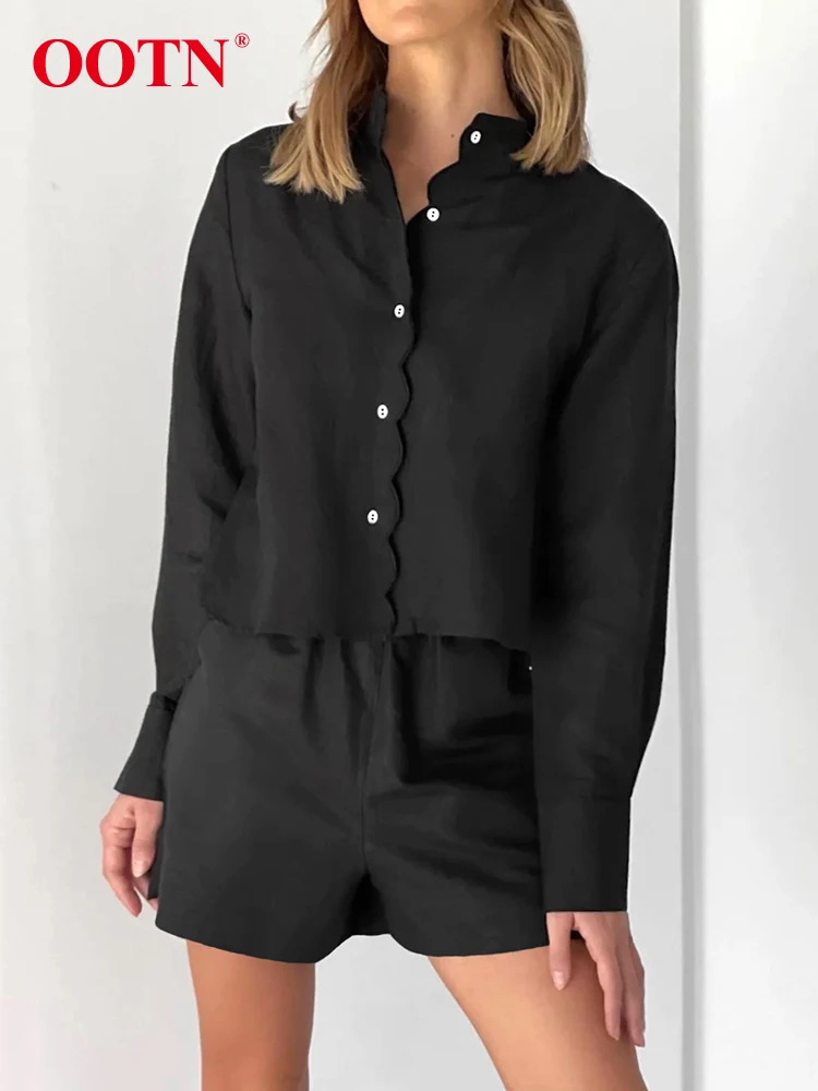 

Женский офисный костюм OOTN, черный комплект из двух предметов, Повседневная рубашка с воротником-стойкой и шорты с эластичной резинкой на та...