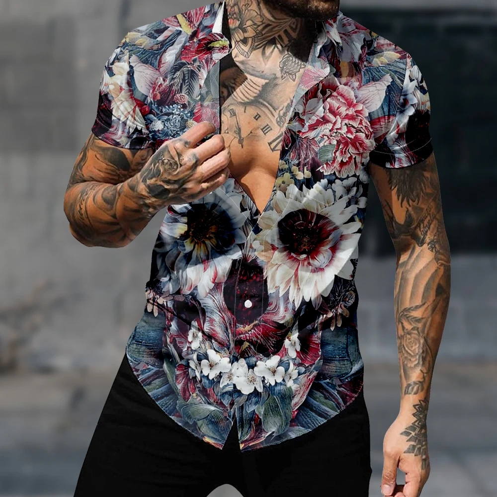 

Повседневная гавайская рубашка, винтажная рубашка с коротким рукавом для мужчин, художественная рубашка с изображением черепа розы в стиле...