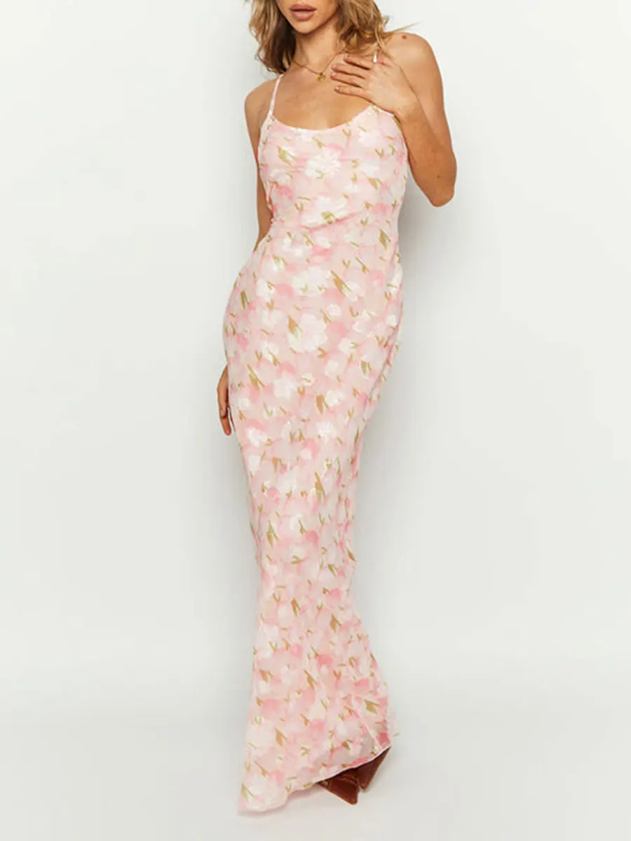 

Women's Slim Bodycon Long Dress Sleeveless Spaghetti Strap Tie Back Dress Floral Print Beach Dress