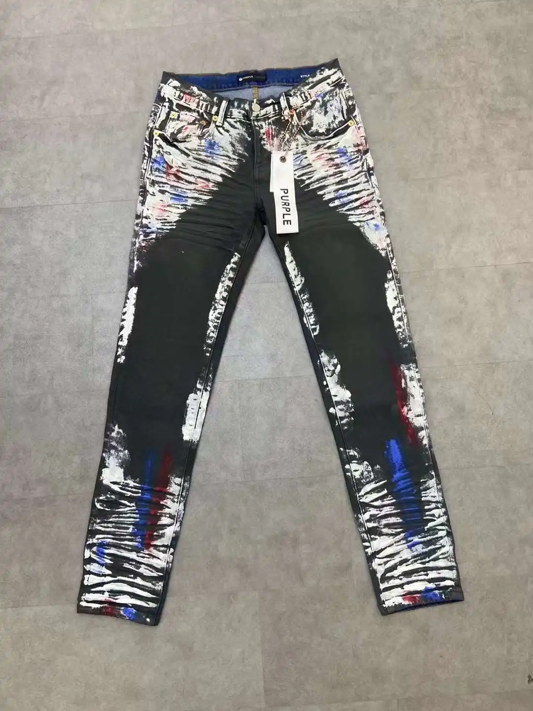 

2023 New Arrival Purple Brand Men's High Street Black Denim Slim Fit Paint Colorful graffiti Jeans Trousers