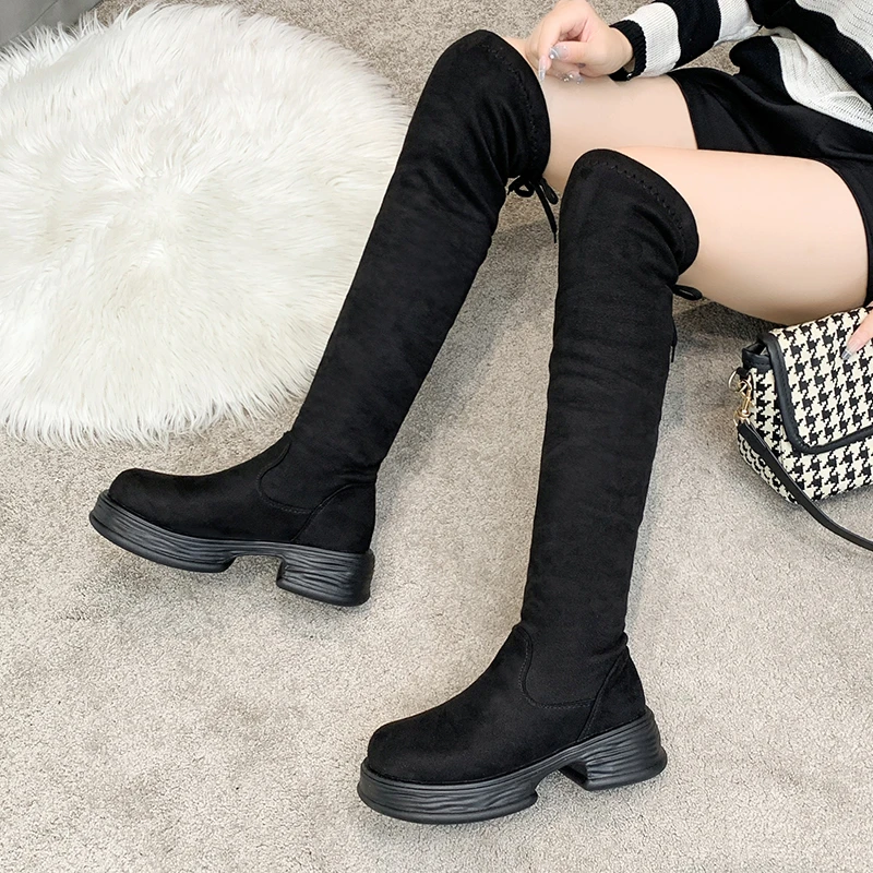 

Women's Stretch Knitted Socks Long Boots 2023 Winter Round Toed Platform Shoes Over The Knee Boots Slip-On Thick Bottom Shoes