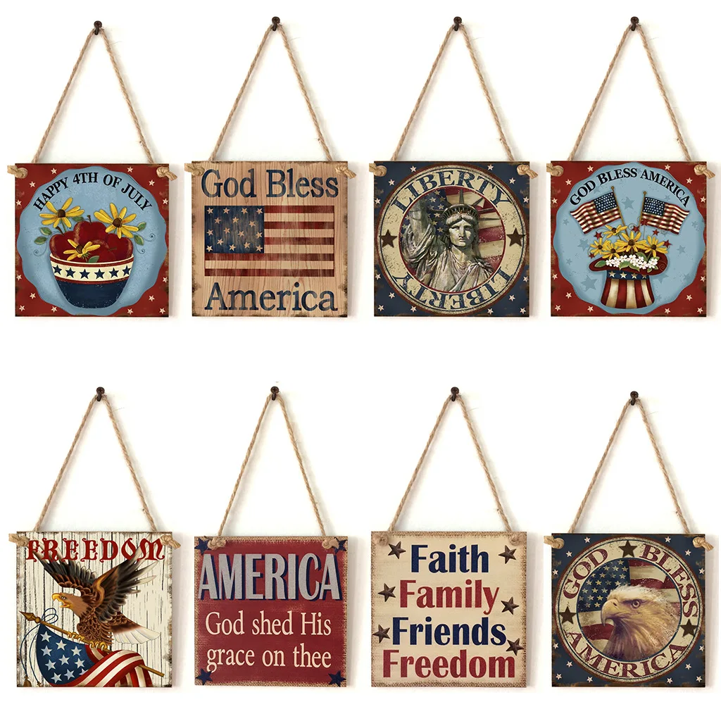 

American Independence Day Decoration Wooden Souvenirs Products Wood Crafts Square Love Pattern Hanging Board Supplies Wholesale