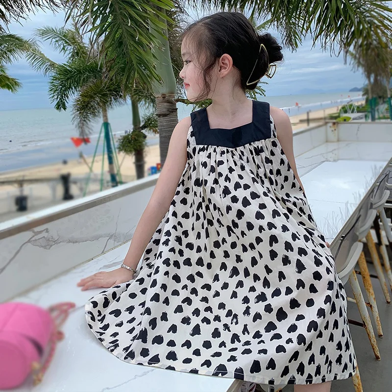 

Square Neck Sleeveless Love Print Dress Child Kids Girls Back Tied Design Dresses Children Princess Sundress