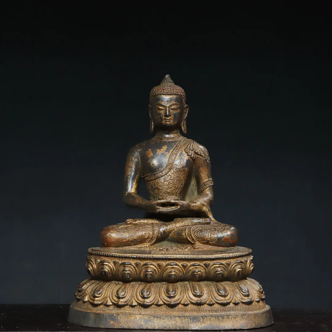 

12"Tibet Temple Collection Old Bronze Cinnabar Gilded Amitabha Buddha Shakyamuni Lotus Terrace Sitting Buddha Worship Hall