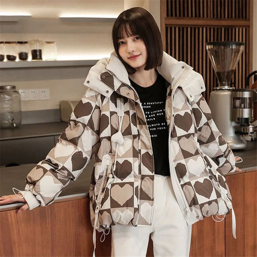 Short Winter Hooded Heart Print Women Jacket Warm Thick Parka Cotton Padded Coat Snow Waterproof Outwear Casual Korean Abrigo