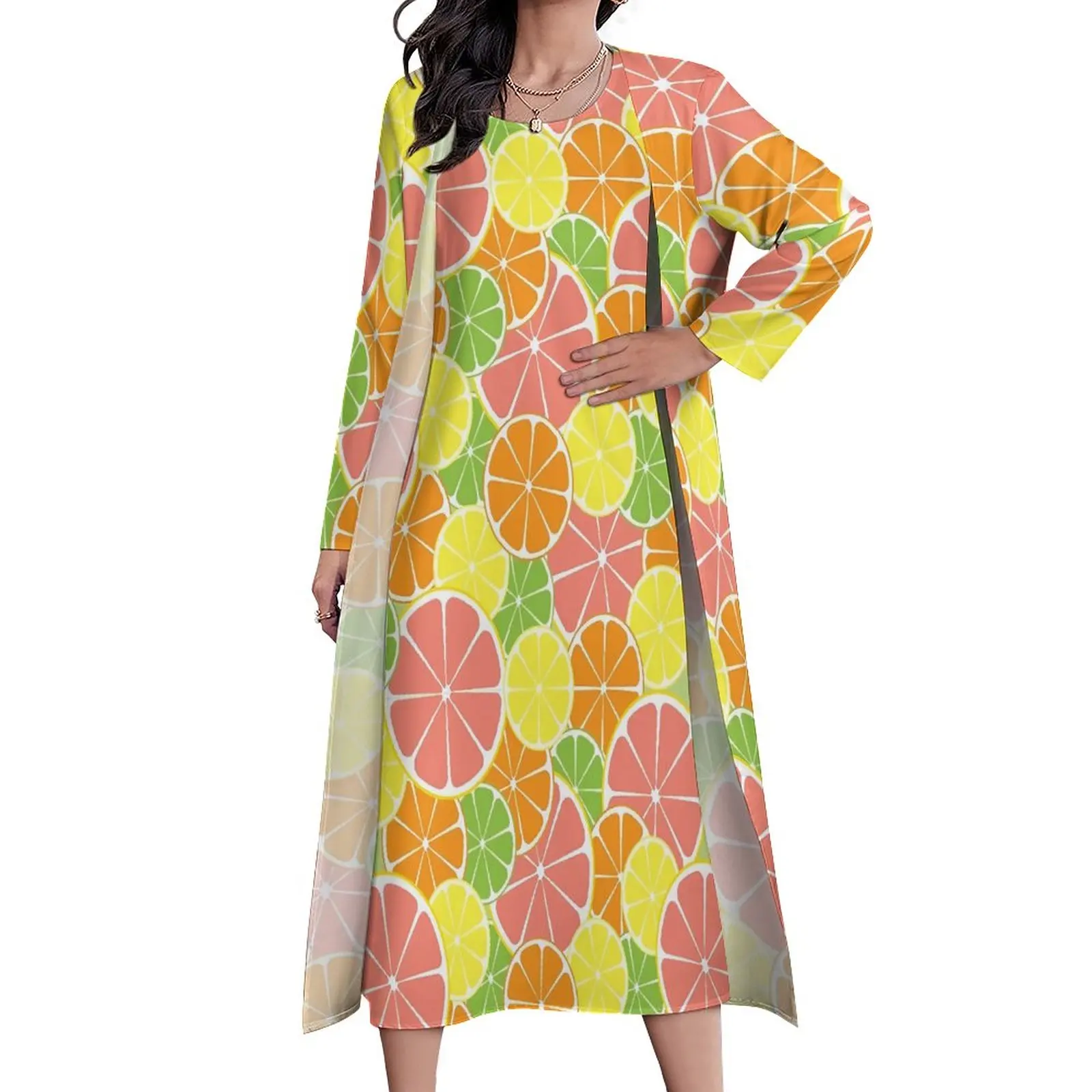 

Colorful Oranges Dress Long Sleeve Citrus Print Streetwear Bohemia Long Dresses Female Party Maxi Dress Birthday Present